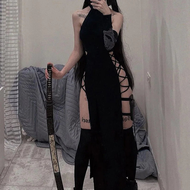 Gothic Halter Bandage Midi Dress — High Split Sexy Alt Partywear