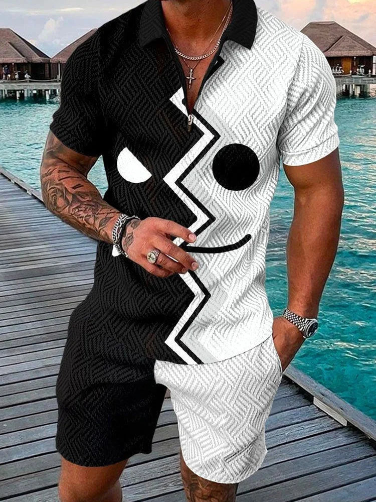 Men's 3D Printed Summer Tracksuit Set – Short Sleeve Polo Shirt & Shorts
