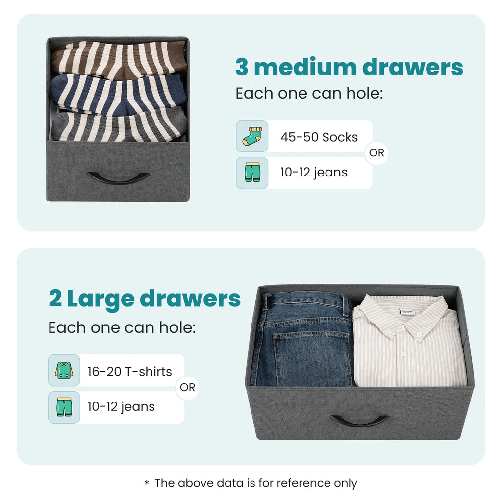 5-Drawer Fabric Dresser with Wooden Top & Metal Frame — Bedroom & Living Room Storage