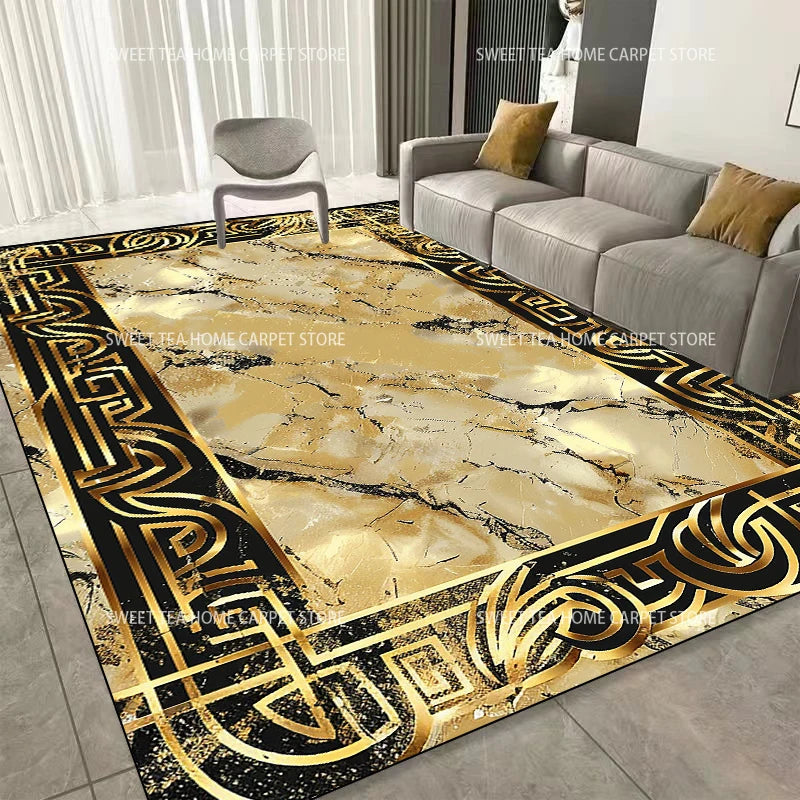 Modern Golden Frame Luxury Carpet – Washable Large Area Rug for Living Room & Bedroom