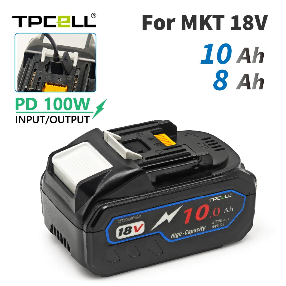 TPCELL PD100W Makita 18V Replacement Battery – 8Ah/10Ah Li-ion with USB-C Connector & 21700 Tabless Cells