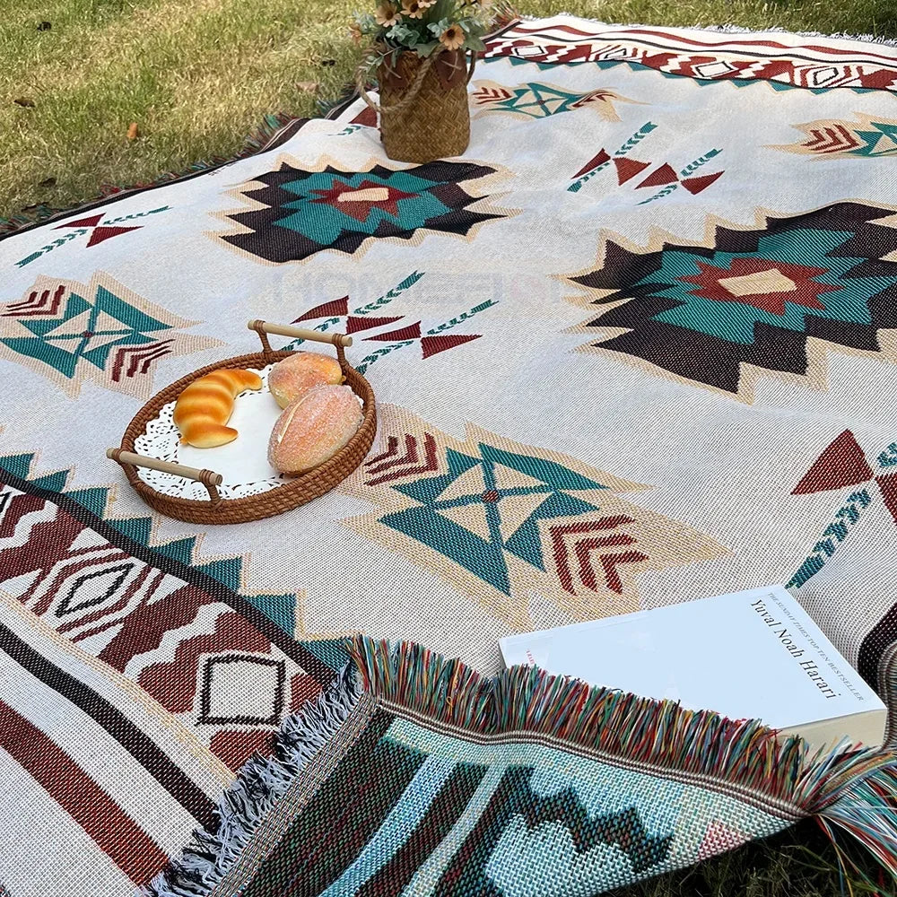 Aztec Oversized Boho Throw Blanket with Fringe — Southwestern Geometric Woven Tapestry for Couch, Bed & Decor