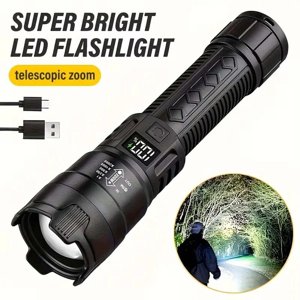 2000 Lumen P50 LED Tactical Flashlight – IP67 Waterproof, Telescopic Zoom, LCD Display, Type-C Rechargeable