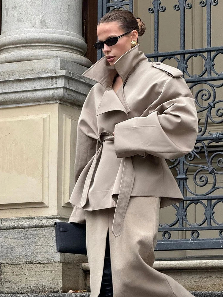 Women's Lace-Up Cropped Trench Coat – Wide Shoulder Windbreaker Jacket