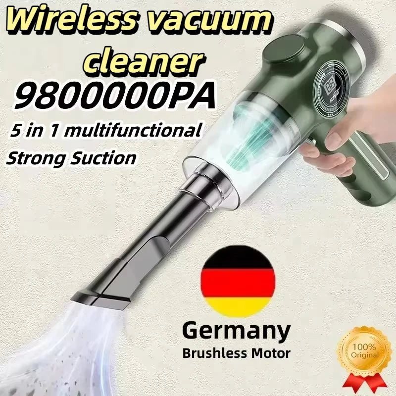Cordless handheld car vacuum cleaner with digital power display, rechargeable battery and compact portable design