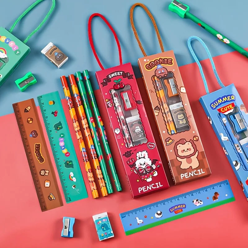 Colorful stationery gift packs with pencils, rulers, erasers, and sharpeners in handled packaging