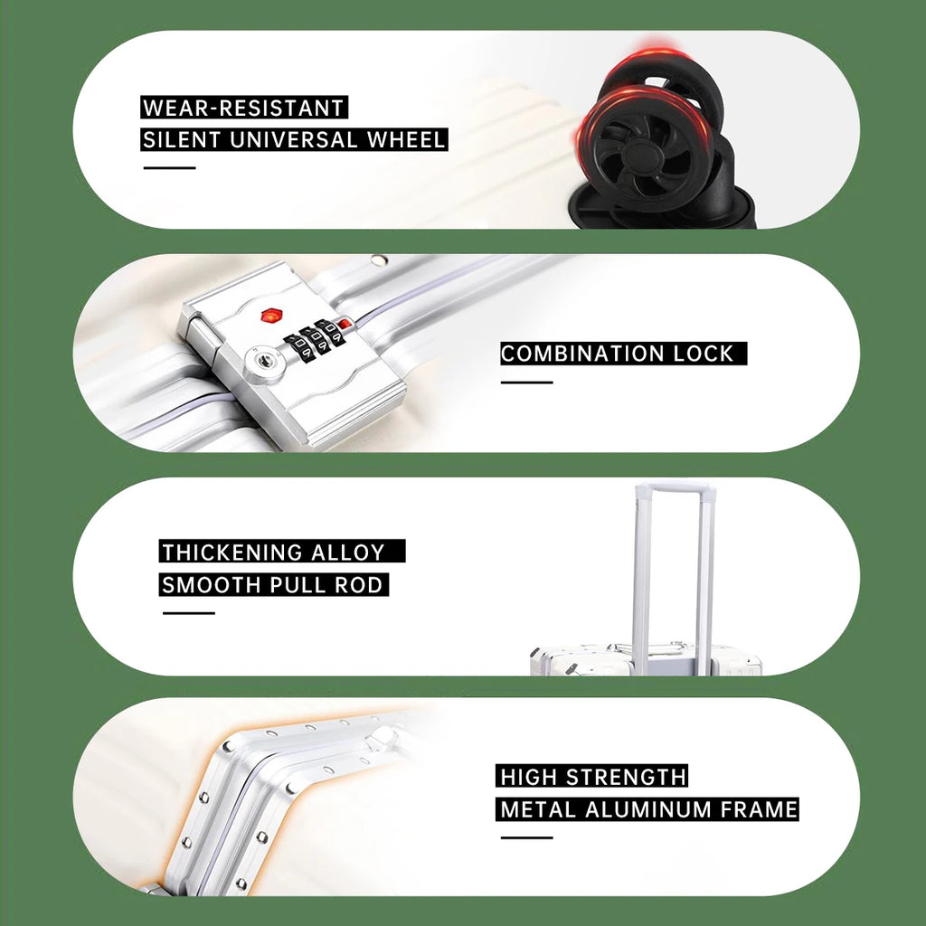 Aluminum Frame Trolley Luggage – USB & Combination Lock
