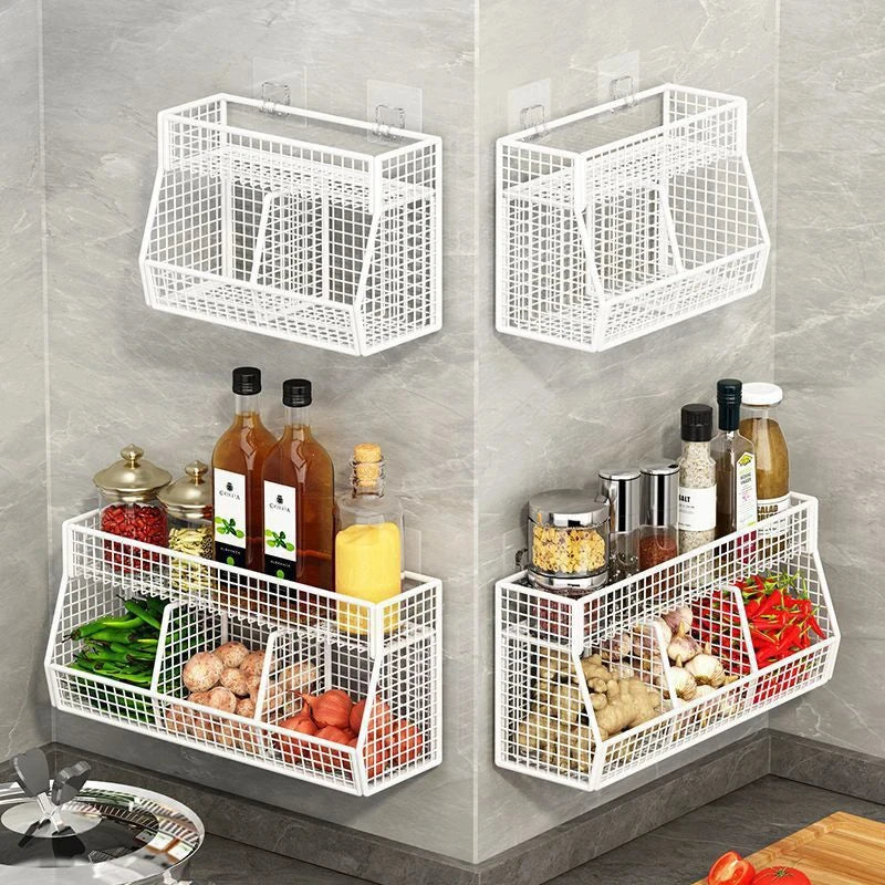 Screwless Wall-Mounted 3-Compartment Kitchen Storage Rack – Multi-Use Iron Organizer for Kitchen & Home