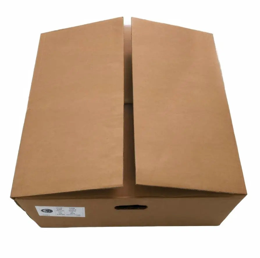 A brown cardboard shipping box with two hinged flaps open, shown from a top-down perspective on a plain white background.