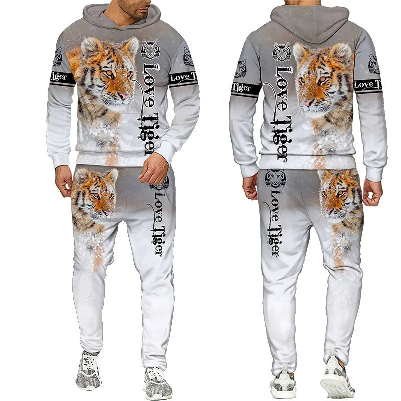 Men's 3D Tiger Print Hoodie & Pants Tracksuit Set – 2-Piece Sportswear