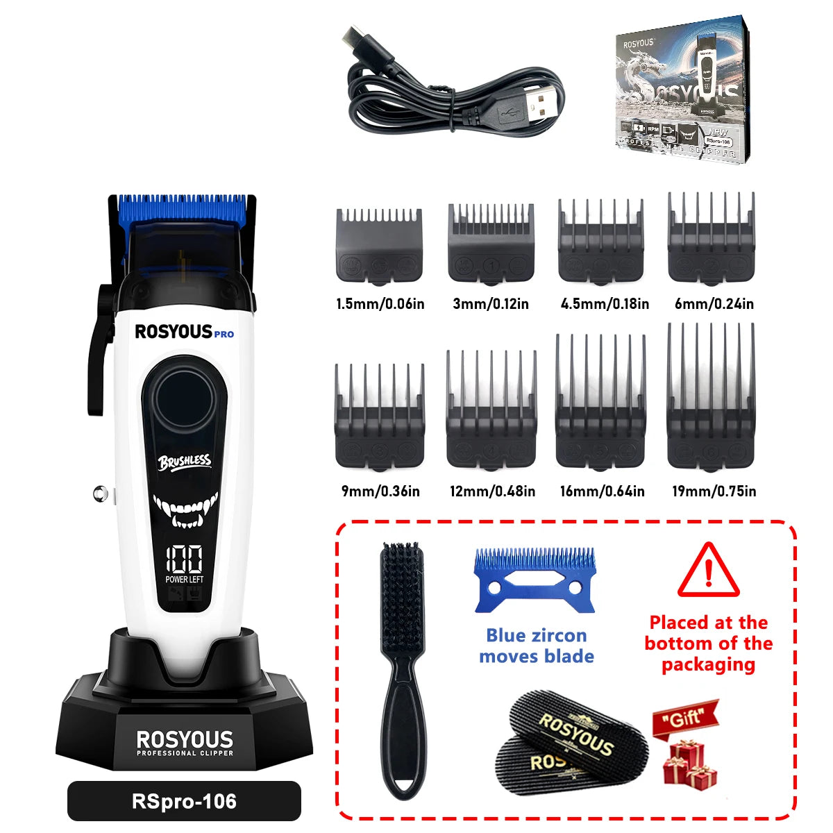 ROSYOUS Professional Brushless Hair Clipper – DLC Blade, LED Display, Base Charger, 240-Min Runtime