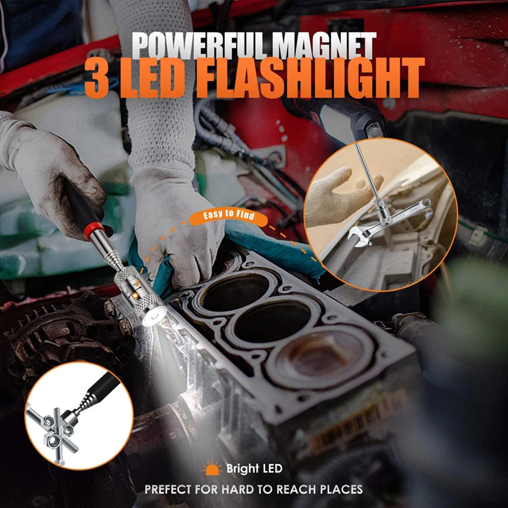 Telescopic Magnetic Pickup Tool – 8LB Capacity, Extendable to 31", LED Light for Screws, Nuts & Bolts
