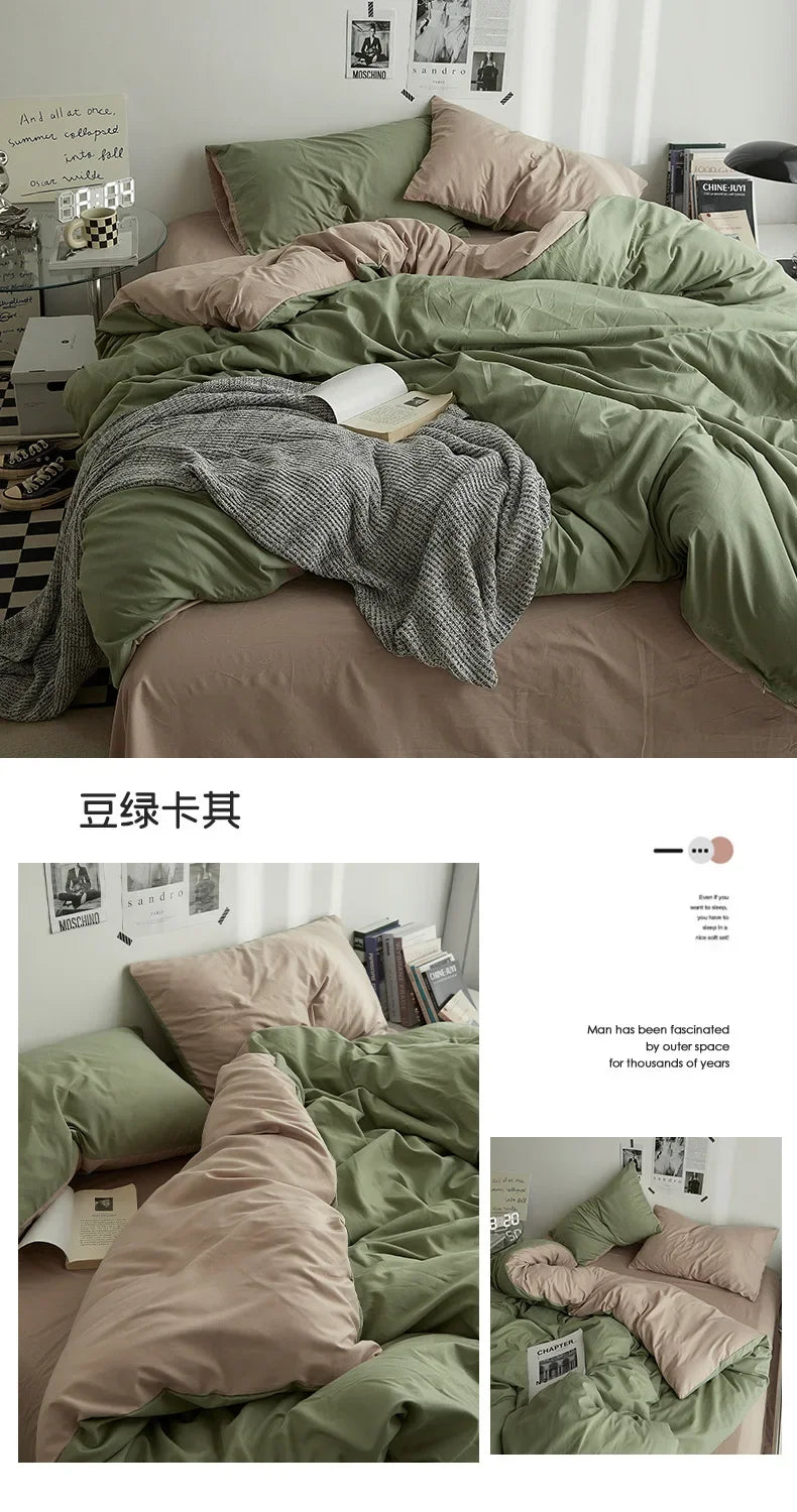 Solid Color Washed Cotton Bedding Set – 4-Piece Duvet Cover, Bed Sheet & Pillowcases, Twin to King