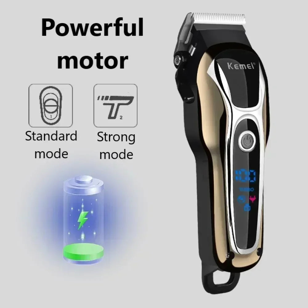 Kemei KM-1990 Professional Hair Clipper – LCD Display, 120-Min Battery, Almighty Grooming Set