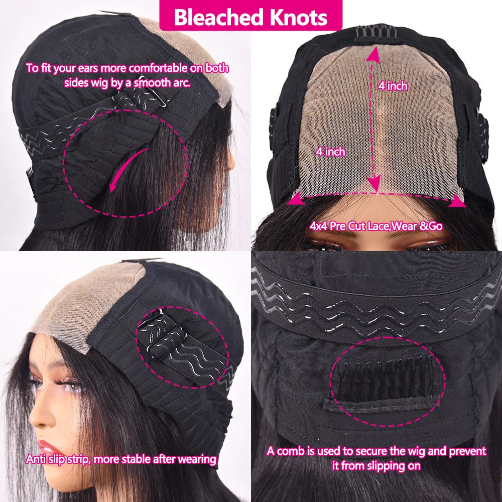 Straight Glueless Wig Human Hair Ready To Wear Short Bob Wigs For Women Transparent Pre Cut Human Hair Wigs Bleached Bye Bye Knots Natural Hairline 100% Human Hair Wigs For Women No Glue Cheap Wigs On Clearance Alianna 4x4 La