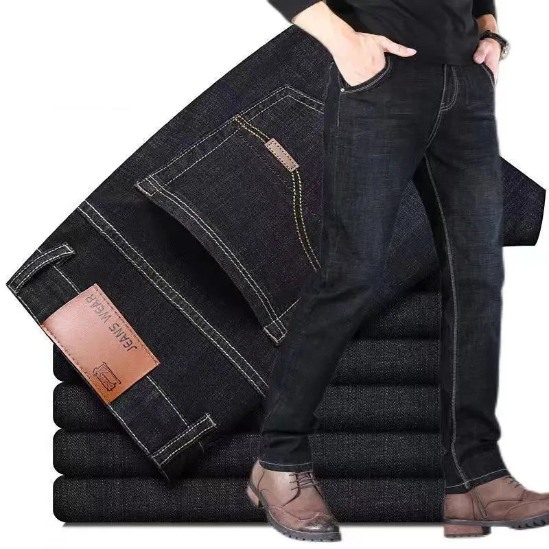 Men's Casual Straight Leg Jeans — Elastic Fit Classic Blue & Black Denim Pants
