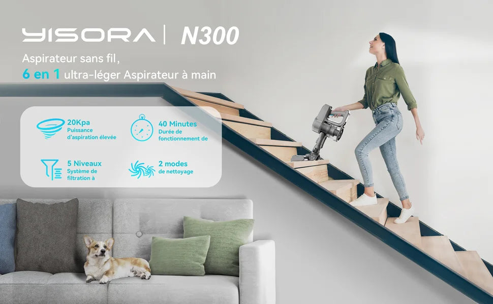 YISORA N300 Cordless Upright Vacuum Cleaner — 20Kpa Ultra-Lightweight Stick Vacuum for Carpet, Hard Floor, Car & Pet Hair