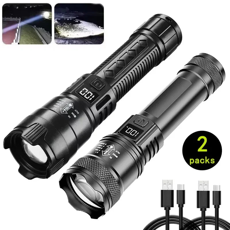2000 Lumen P50 LED Tactical Flashlight – IP67 Waterproof, Telescopic Zoom, LCD Display, Type-C Rechargeable