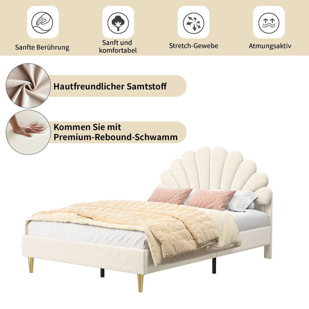 Elegant Upholstered Double Bed Frame – Flower-Shaped Headboard, Velvet Cover, 140x200cm, No Mattress