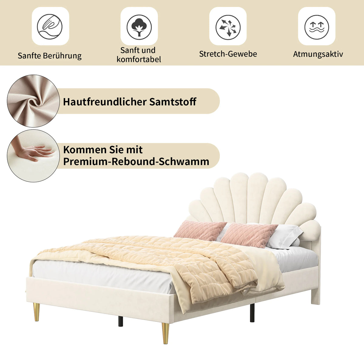Elegant Upholstered Double Bed Frame – Flower-Shaped Headboard, Velvet Cover, 140x200cm, No Mattress