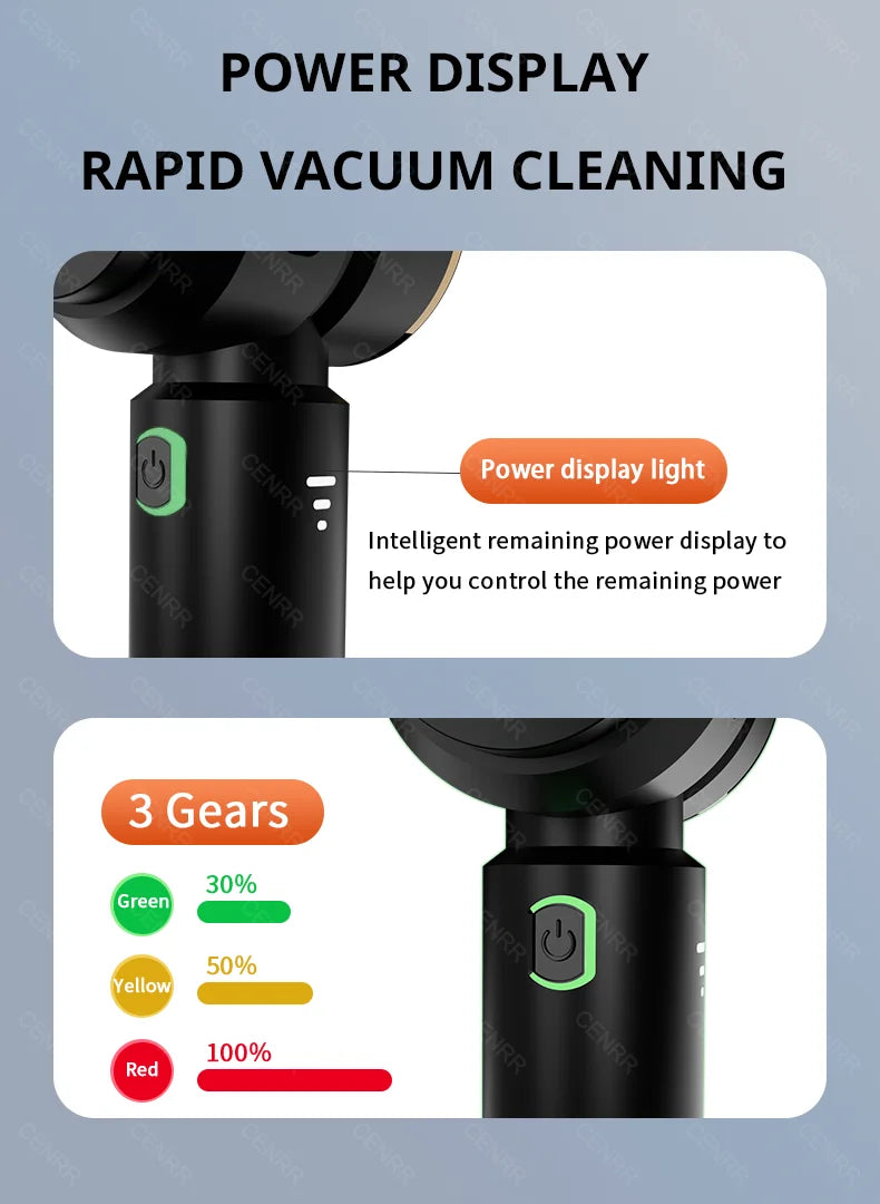 CENRR Wireless Car Vacuum Cleaner — 3-Gear Brushless Motor, 6000mAh, 9 Accessories, USB-C Charging