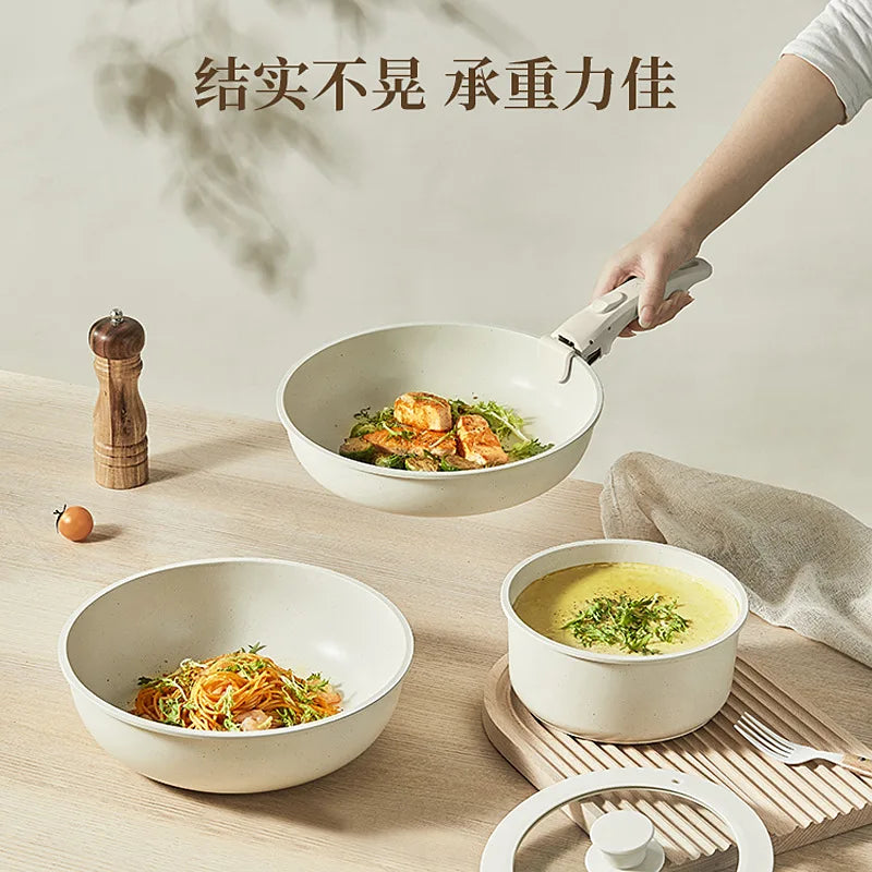 Nonstick Cookware Set – White, Detachable Handle