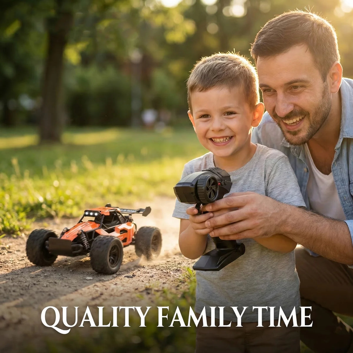 A father and son smiling while playing with a remote control RC truck in a sunny park. The son holds the black remote, and the orange and black RC truck is visible on the dirt track in the background.
