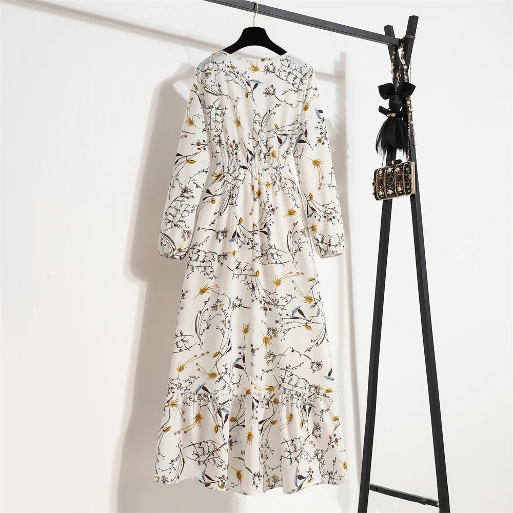 Women Long Dresses Spring Summer Casual Full Sleeve Floral geometry Printed O neck Woman Bohe Beach Party Dress Mujer Vestidos