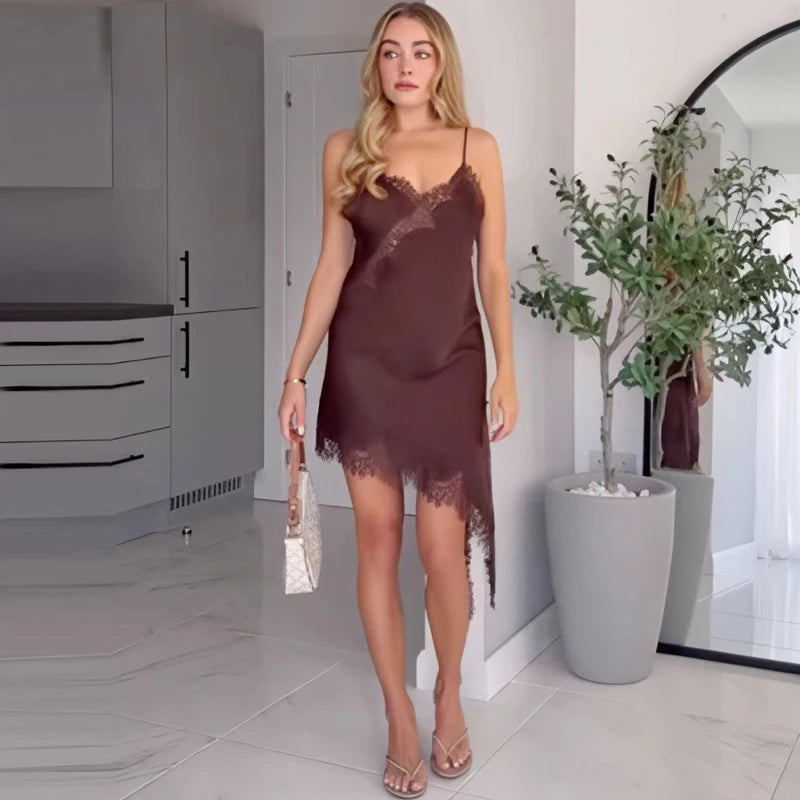 HXAO Lace Asymmetric Slip Mini Dress – Sexy Sleeveless Backless Evening Dress