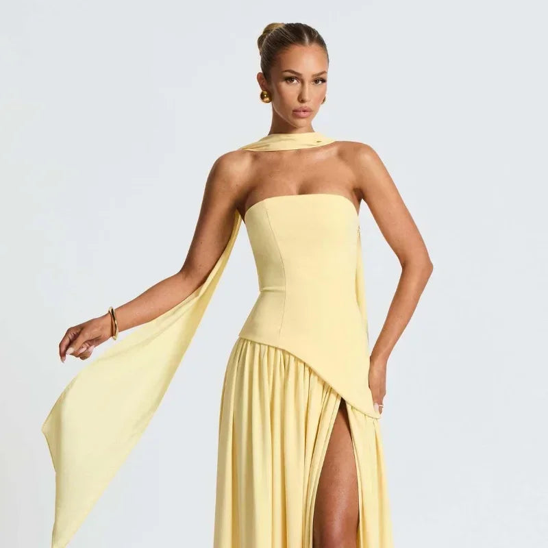 Pleated Off-Shoulder Maxi Dress — High Slit Scarf Slim Fit Evening Party Dress