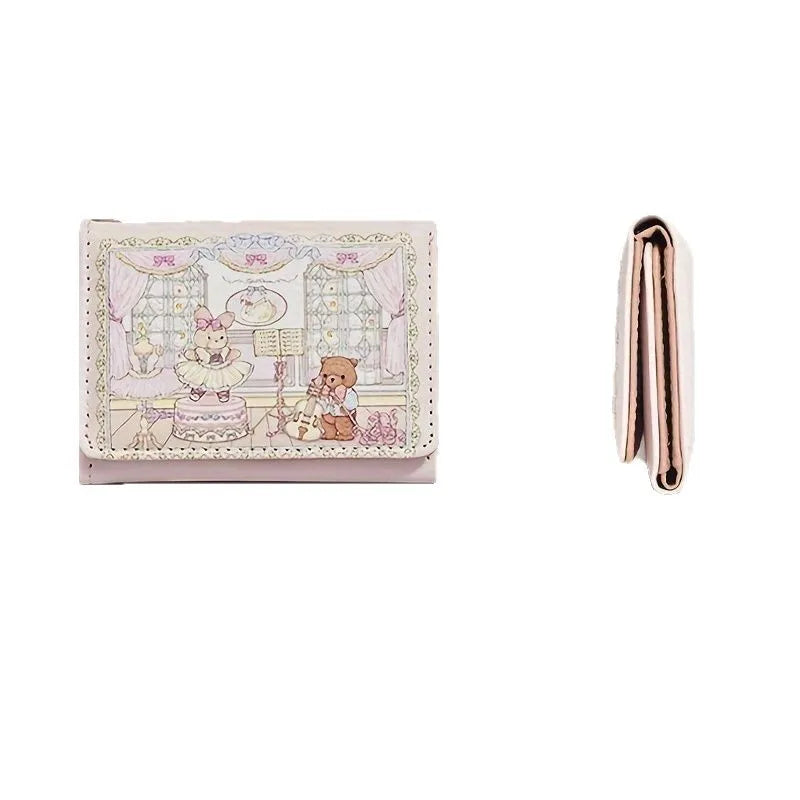 Girl's Dream Spring Picnic Wallet – Cute Rabbit & Bear Design, Anti-Degaussing Multi-Card Coin Purse