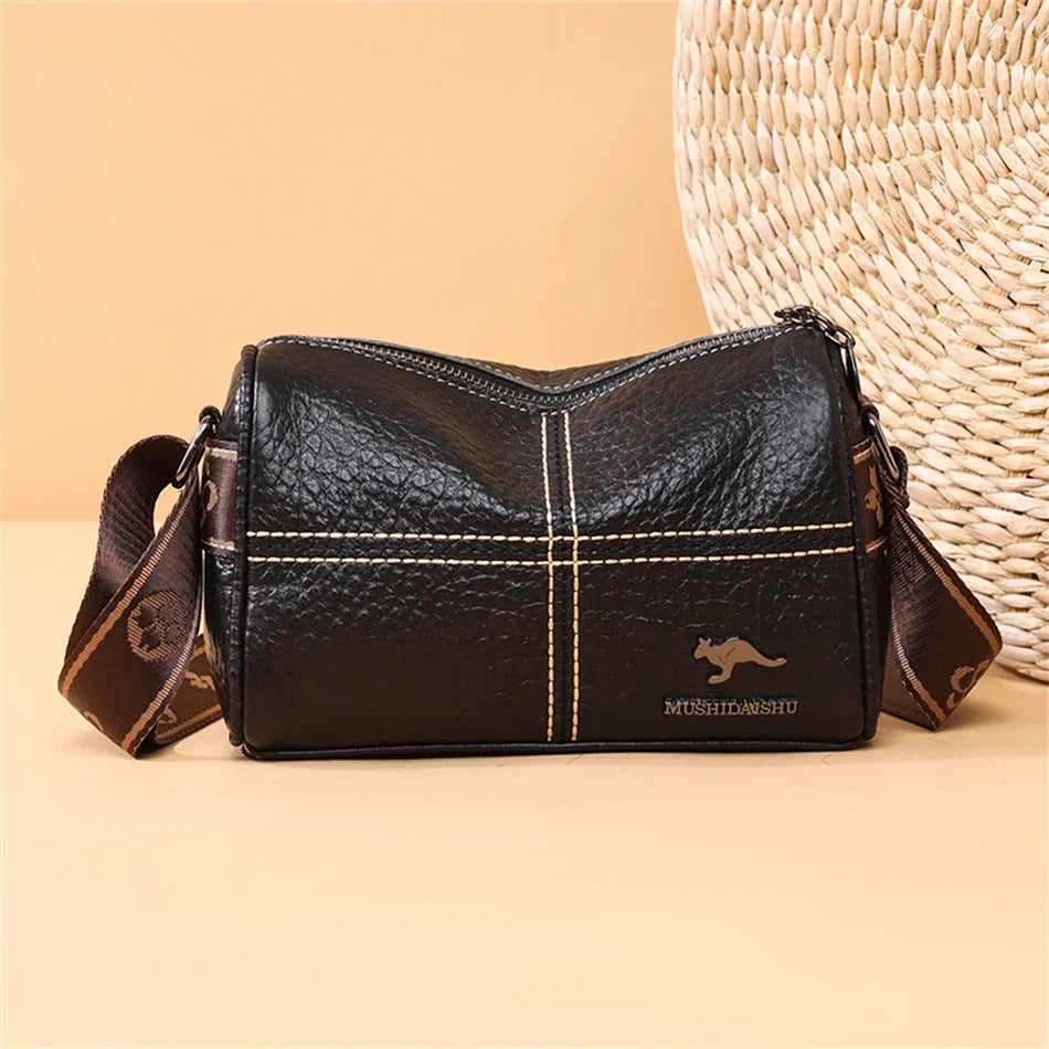 Luxury Genuine Leather Barrel Crossbody Bag – Sequin Shoulder Messenger Bag for Women