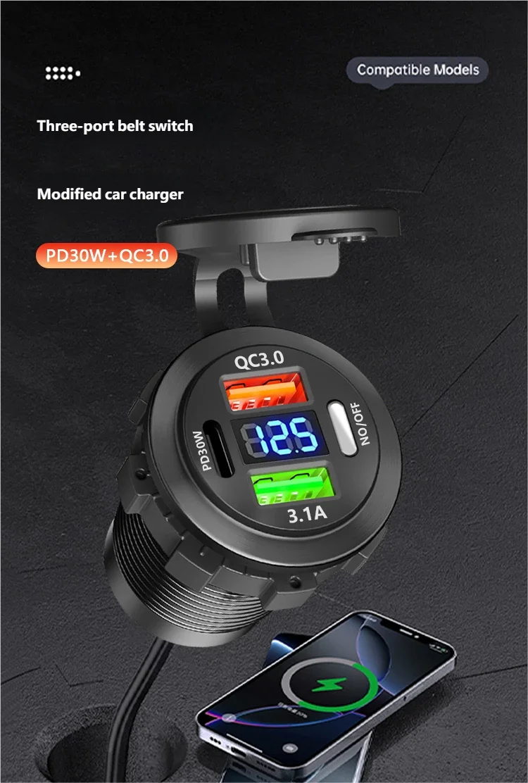 Car USB Charger with Voltmeter – PD3.0 & QC3.0 Fast Charging Socket for Motorcycle, Boat & Auto (12/24V)