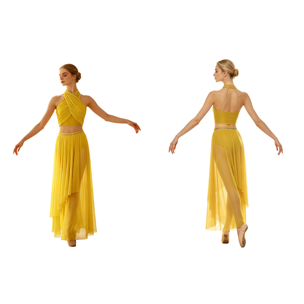 Women's Dance Performance Costume – Shiny Crop Top & Sheer Pants for Skating, Gymnastics & Ballet