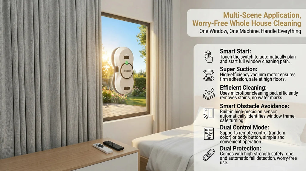 DIVEDEER Window Cleaning Robot – 5600PA Suction, Electric Spray & Fall Prevention Remote Cleaner