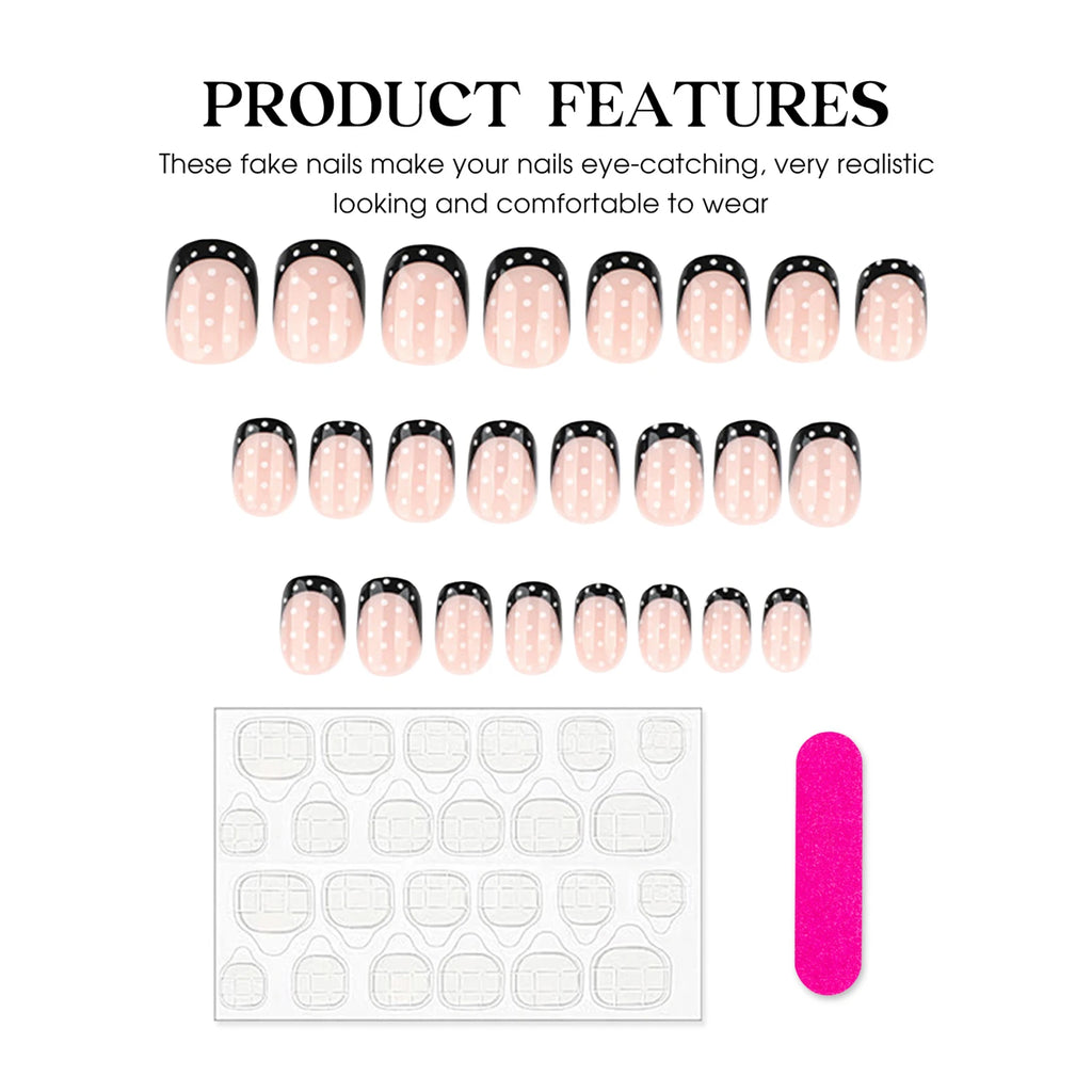 French Press-On Nails – 24-Piece Short Round False Nail Tips, Black & White Polka Dot & Nude Designs, 4 Styles