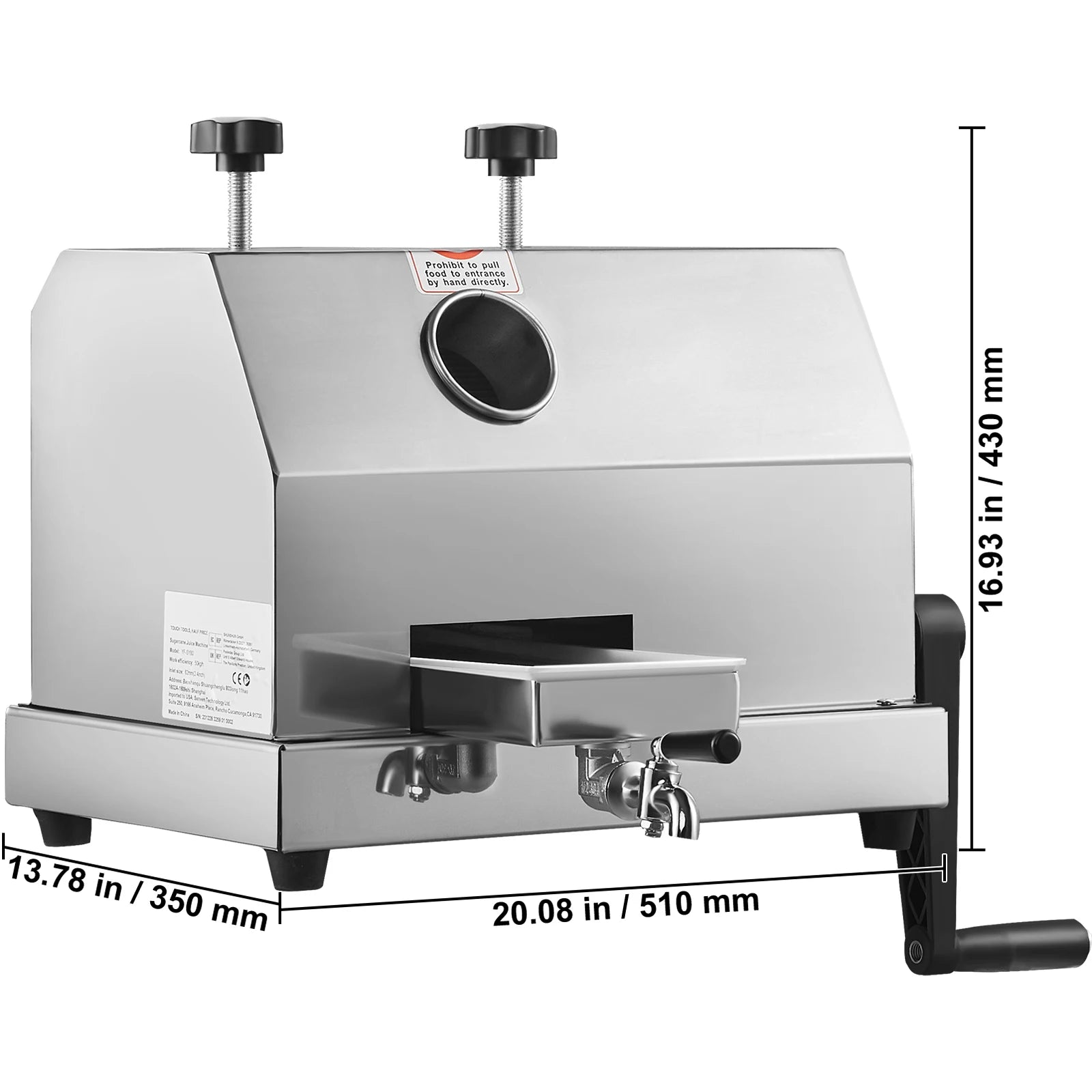 Commercial Sugarcane Juicer 110 LBS/H — 3 Stainless Steel Rollers, 2.4" Large Inlet