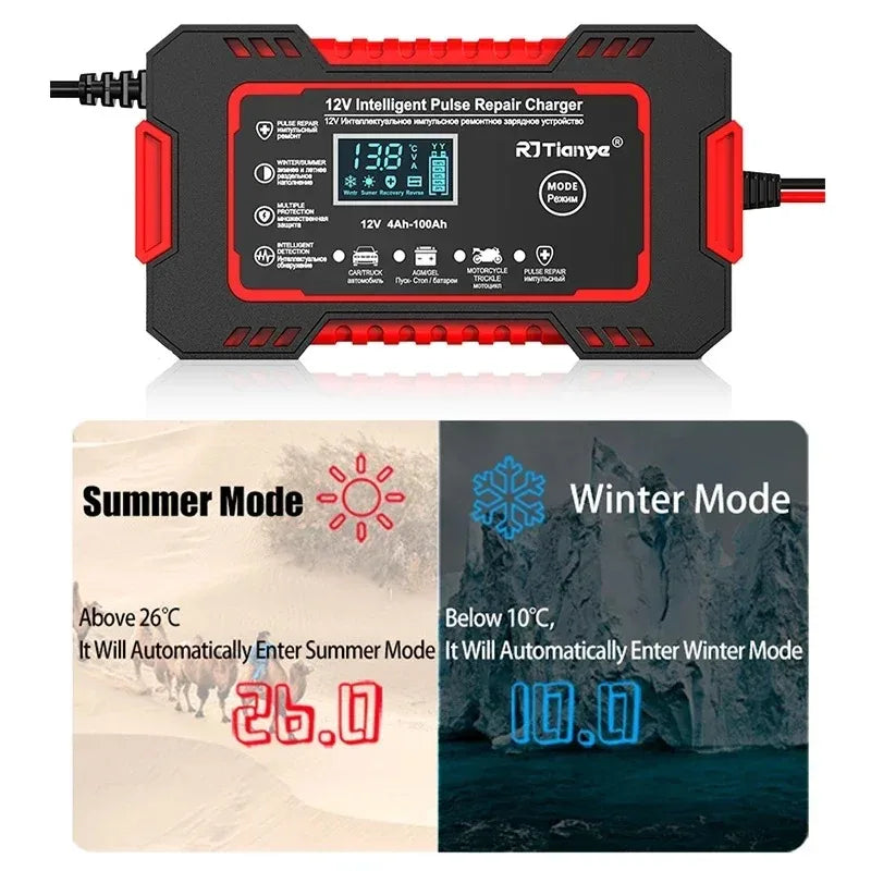12V 6A Smart Car Battery Charger — LCD Touch Screen Pulse Repair for AGM, GEL & Lead Acid Batteries