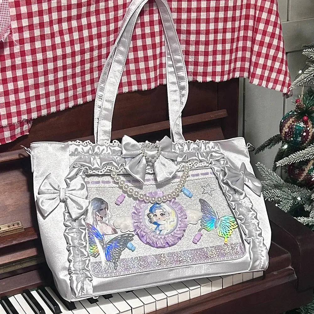 miyagawa Satin Pearl Bow Ita Bag Square Tote – Japanese Sweet High Capacity Shoulder Bag for Women