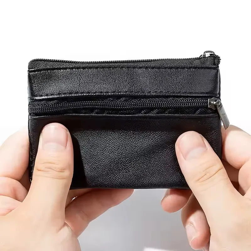 Black Leather Mini Coin Purse – Zipper Wallet & Key Card Holder for Men & Women