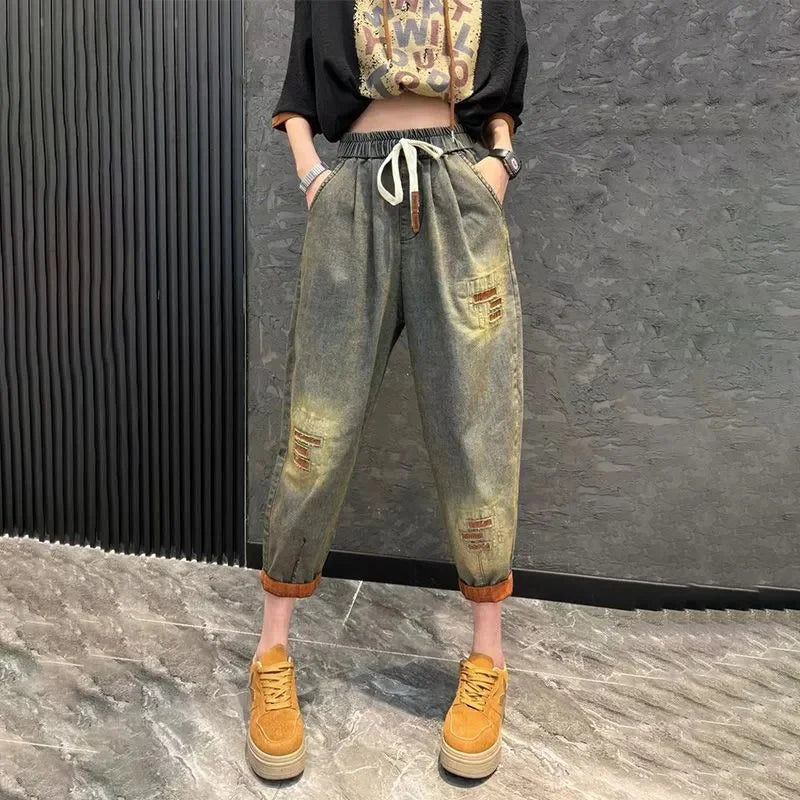 Women's Loose Plus Size Denim Jeans Two-Piece Set | Hooded Printed Casual Fashion Suit