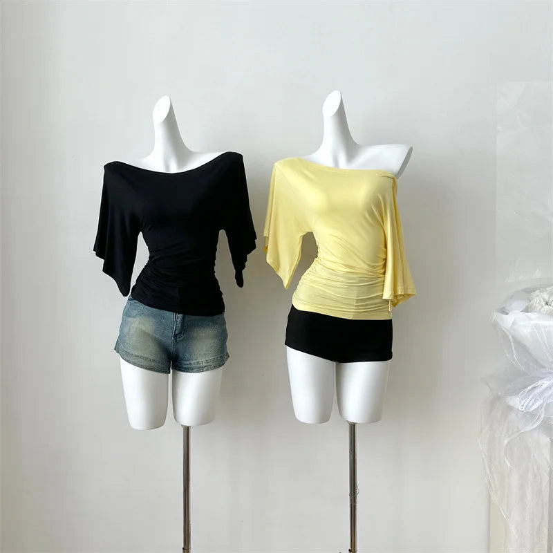 Women's Slash Neck Flare Sleeve Slim Pleated T-Shirt – Sexy Solid Color Pullover Top