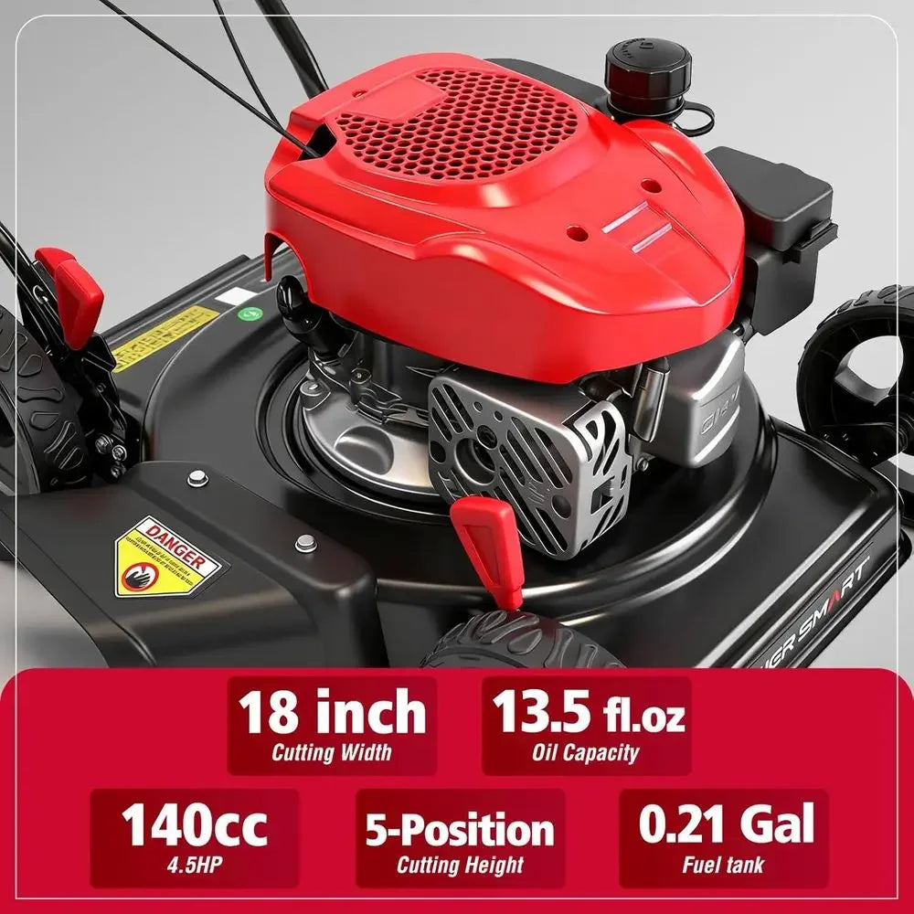 EasyCut 18" 144cc Gas Lawn Mower | 4-Stroke OHV Engine, Heavy-Duty Steel Deck, Side Discharge, 5-Position Height Adjustment, Walk-Behind Push Mower