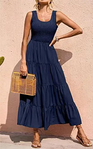 Elastic Waist Big Swing Floral Beach Party Long Dress — Sleeveless Elegant Summer Dress