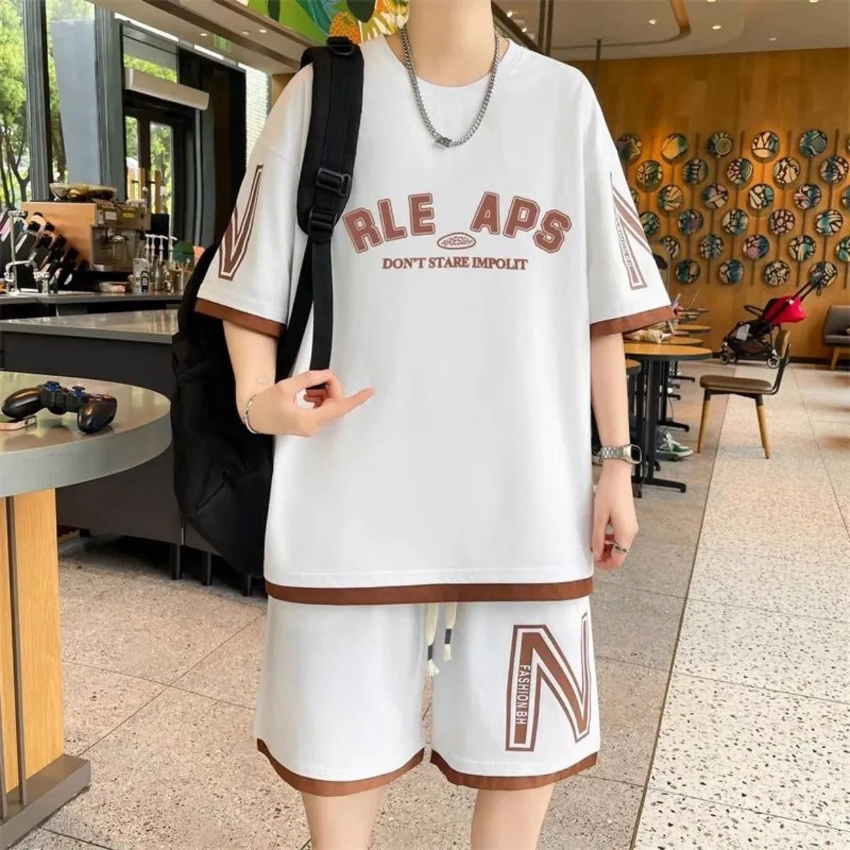 Men's Letter Print Short Sleeve T-Shirt & Drawstring Shorts Breathable Sports Set