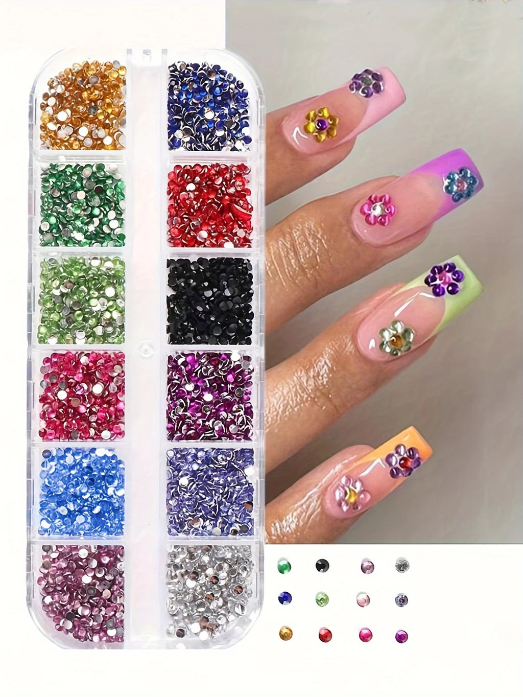 12-Grid Crystal Nail Art Rhinestones — Flatback Gemstone Decoration Set