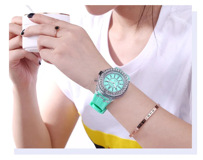 LED Luminous Flash Rhinestone Watch | Kids Men Women Silicone Fashion Wristwatch