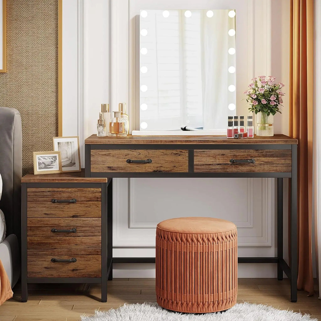 Vanity Desk with 5 Drawers & 3-Drawer Side Chest — No Mirror