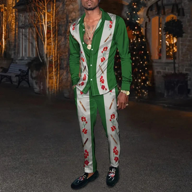 Men's 3D Retro Harajuku Print Long Sleeve Lapel Shirt & Long Pants 2-Piece Set