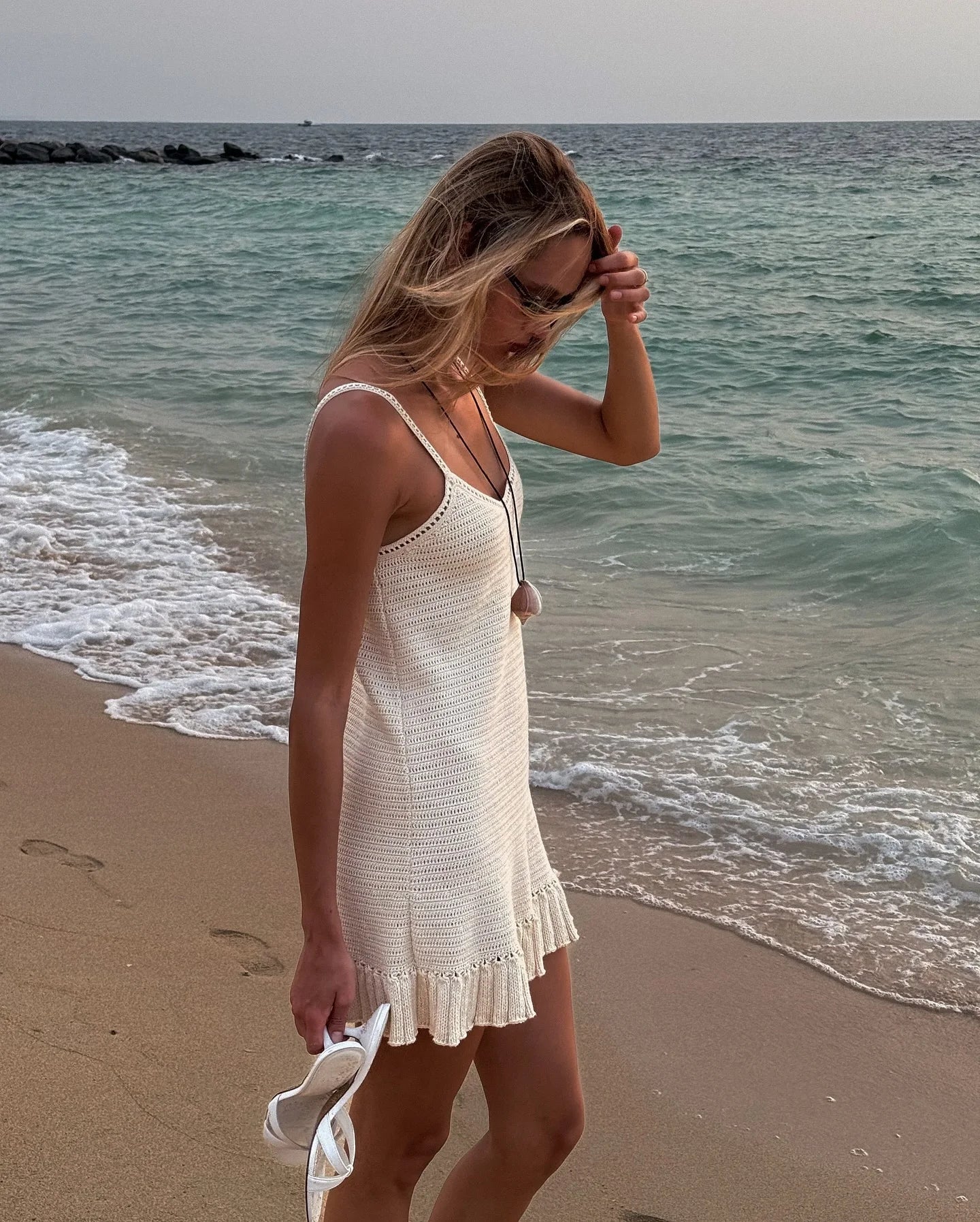 Crochet Halter V-Neck Beach Mini Dress — Ruffle Knit Swimsuit Cover-Up